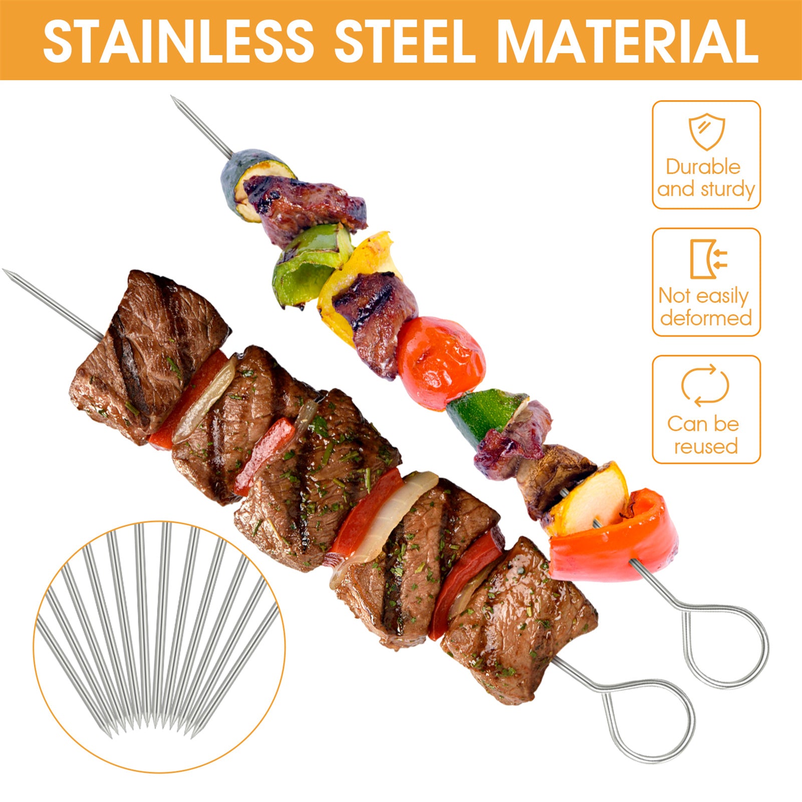 Reusable Stainless BBQ Skewers - 12pcs for Camping
