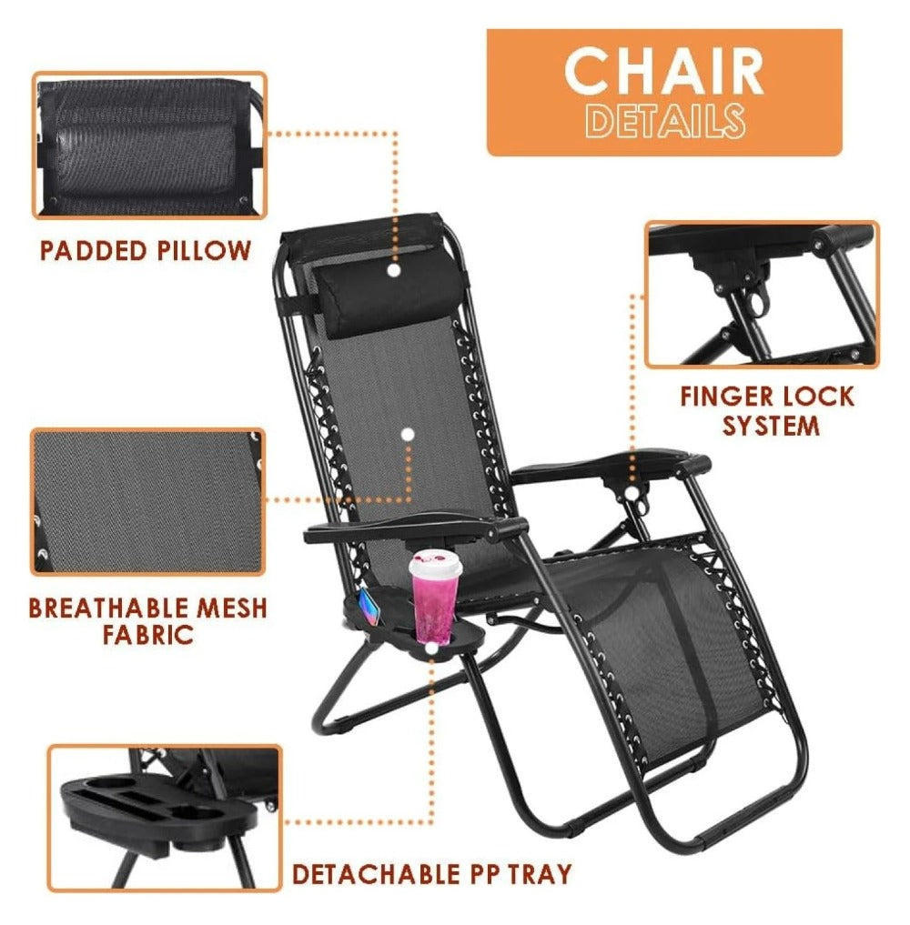 Outdoor Reclining Lounge Chair with Pillow & Cup Holder